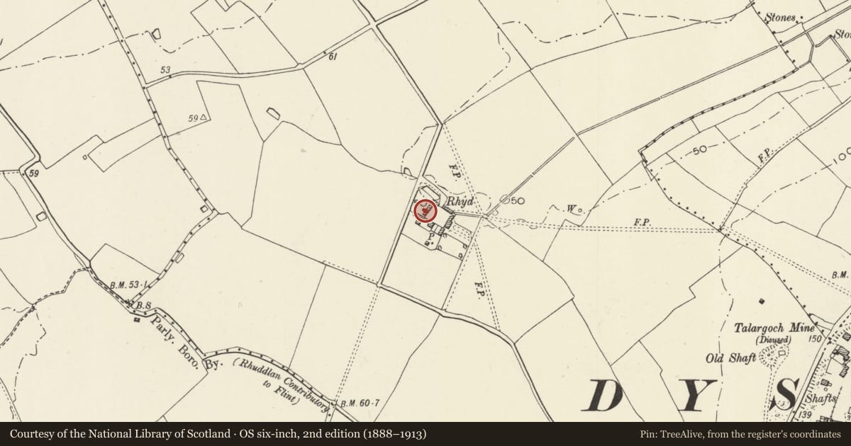Ordnance Survey six-inch map, 2nd edition (1888–1913) covering the location of Old Barn at Rhyd Farm, Dyserth, Denbighshire, with a pin at the register's coordinates