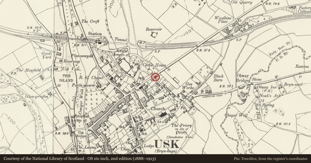 Ordnance Survey six-inch map, 2nd edition (1888–1913) covering the location of Ty Basket, Usk, Monmouthshire, with a pin at the register's coordinates