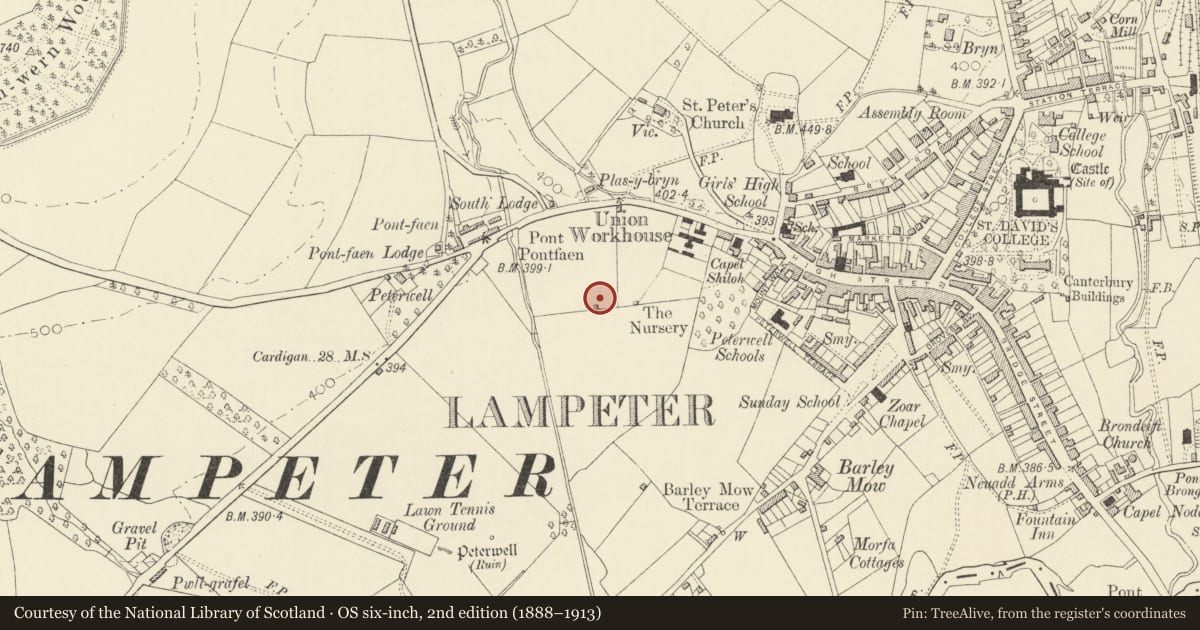 Ordnance Survey six-inch map, 2nd edition (1888–1913) covering the location of Pavilion on S side of College Playing Field, Lampeter, Ceredigion, with a pin at the register's coordinates