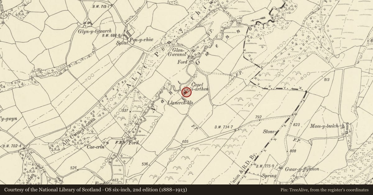 Ordnance Survey six-inch map, 2nd edition (1888–1913) covering the location of Cefnarthen Chapel, Llanfair-ar-y-Bryn, Carmarthenshire, with a pin at the register's coordinates