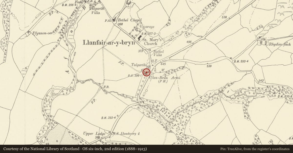 Ordnance Survey six-inch map, 2nd edition (1888–1913) covering the location of Glanbran Arms Inn including former barn range to left, Llanfair-ar-y-Bryn, Carmarthenshire, with a pin at the register's coordinates