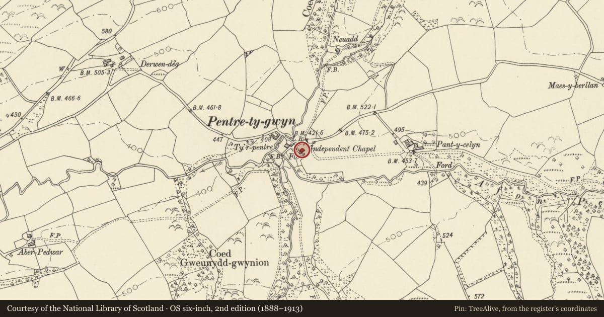 Ordnance Survey six-inch map, 2nd edition (1888–1913) covering the location of Capel Pentre Tygwyn, Llanfair-ar-y-Bryn, Carmarthenshire, with a pin at the register's coordinates