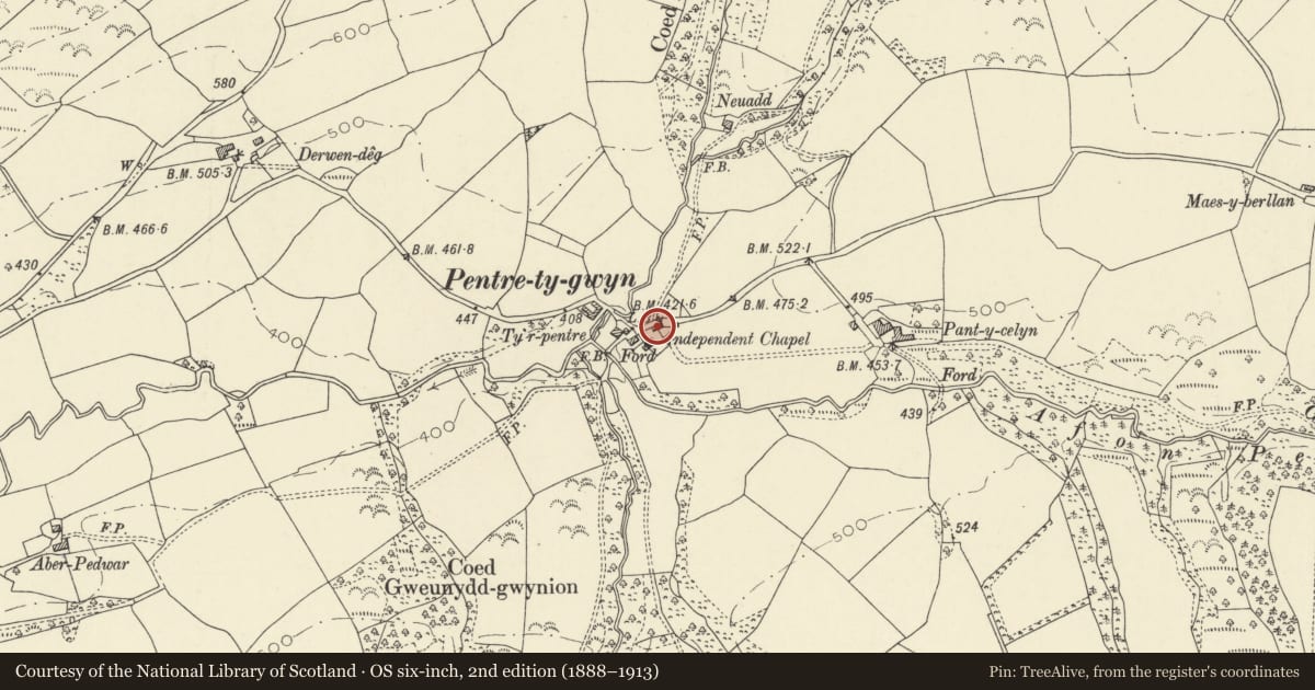 Ordnance Survey six-inch map, 2nd edition (1888–1913) covering the location of Vestry at Capel Pentre Tygwyn, Llanfair-ar-y-Bryn, Carmarthenshire, with a pin at the register's coordinates