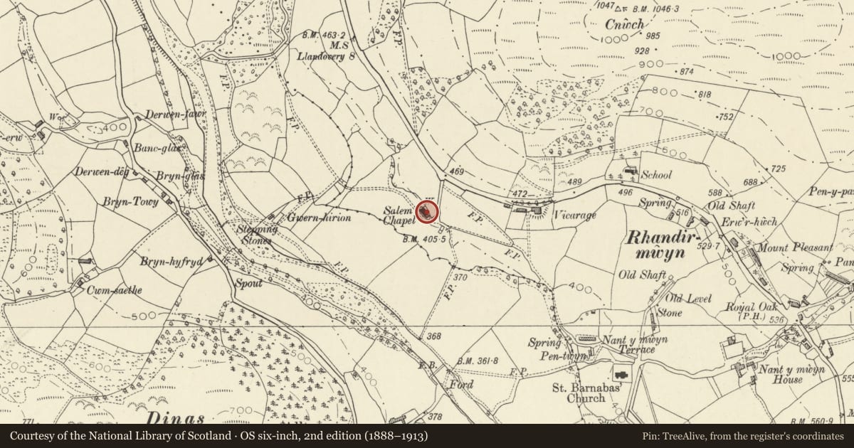 Ordnance Survey six-inch map, 2nd edition (1888–1913) covering the location of Capel Salem, Llanfair-ar-y-Bryn, Carmarthenshire, with a pin at the register's coordinates