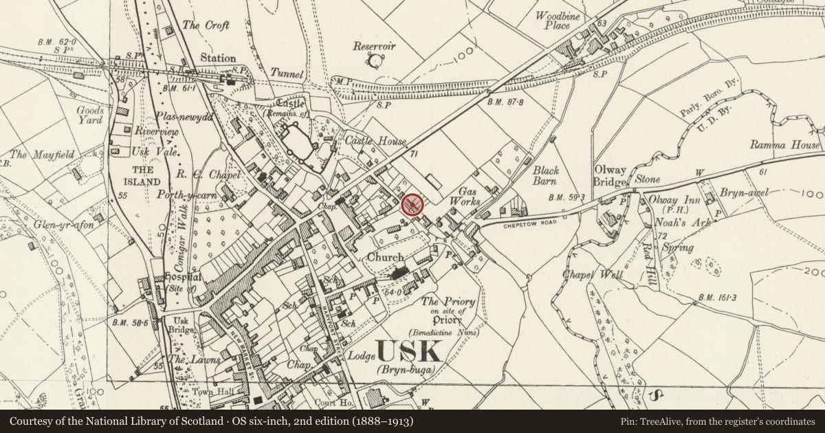 Ordnance Survey six-inch map, 2nd edition (1888–1913) covering the location of 23 Four Ash Street, Usk, Monmouthshire, with a pin at the register's coordinates