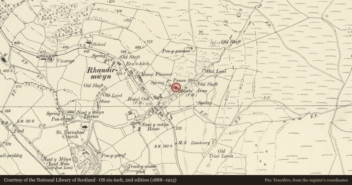 Ordnance Survey six-inch map, 2nd edition (1888–1913) covering the location of 2 Pannau Street, Llanfair-ar-y-Bryn, Carmarthenshire, with a pin at the register's coordinates