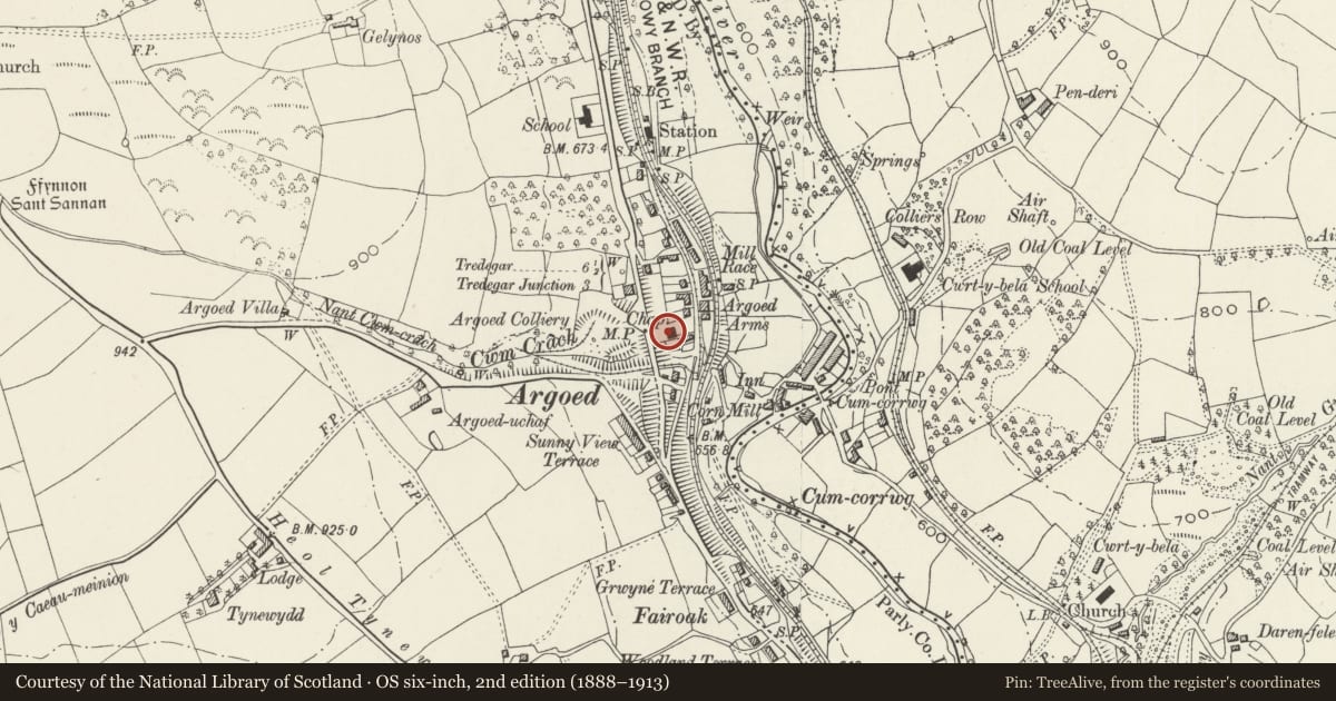 Ordnance Survey six-inch map, 2nd edition (1888–1913) covering the location of Argoed Baptist Church, Caerphilly, with a pin at the register's coordinates