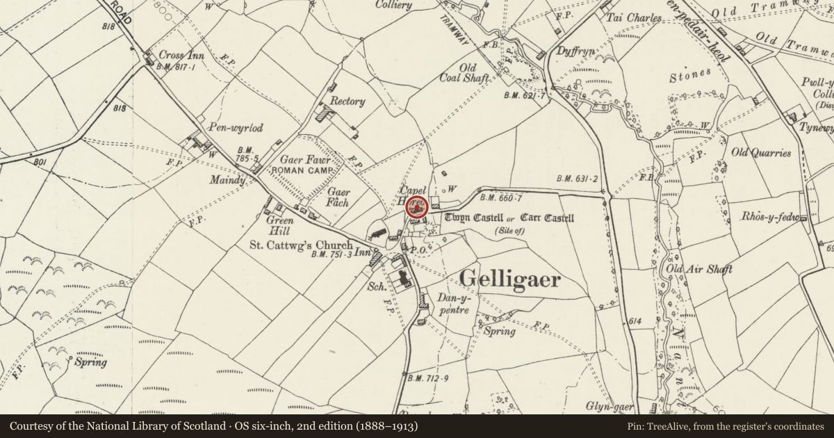 Ordnance Survey six-inch map, 2nd edition (1888–1913) covering the location of Horeb Baptist Church, Gelligaer, Caerphilly, with a pin at the register's coordinates