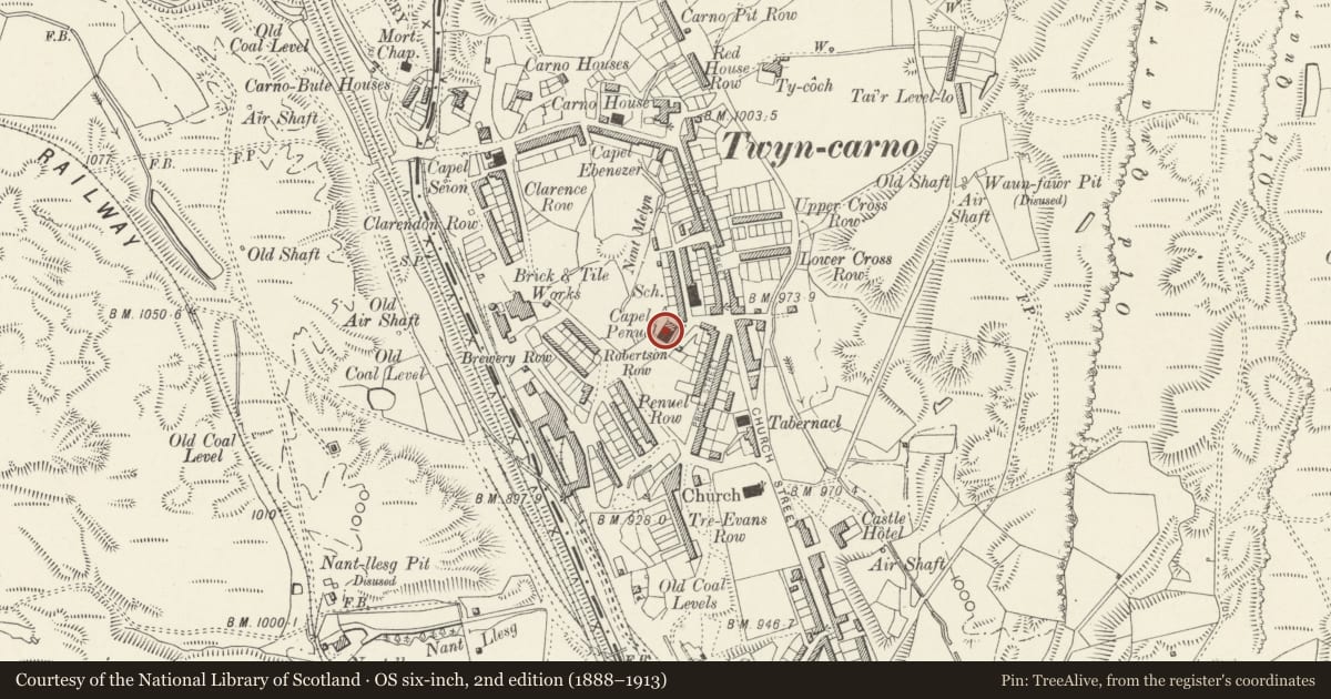 Ordnance Survey six-inch map, 2nd edition (1888–1913) covering the location of Penuel Baptist Church, Rhymney, Caerphilly, with a pin at the register's coordinates