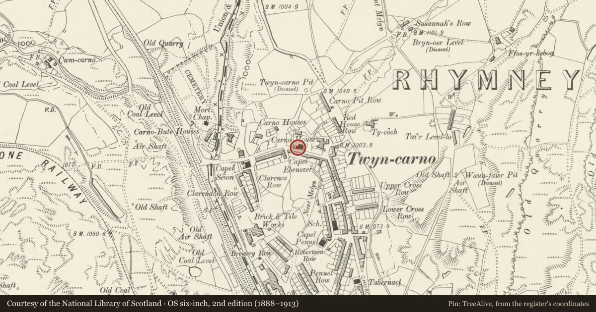 Ordnance Survey six-inch map, 2nd edition (1888–1913) covering the location of Ebenezer Calvinistic Methodist Chapel including vestry, Rhymney, Caerphilly, with a pin at the register's coordinates