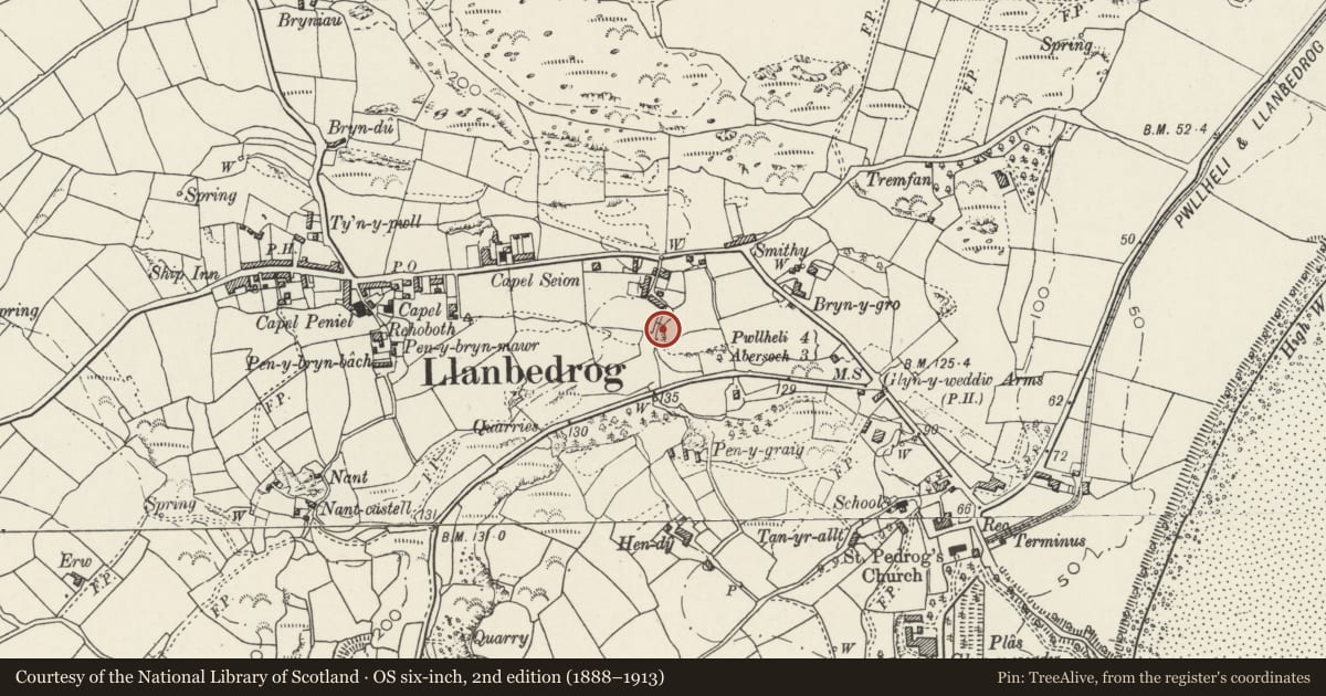 Ordnance Survey six-inch map, 2nd edition (1888–1913) covering the location of Ffynnon Trwyn'r nant, Llanbedrog, Gwynedd, with a pin at the register's coordinates