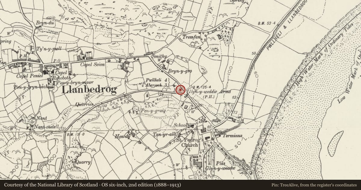 Ordnance Survey six-inch map, 2nd edition (1888–1913) covering the location of Milestone, Llanbedrog, Gwynedd, with a pin at the register's coordinates