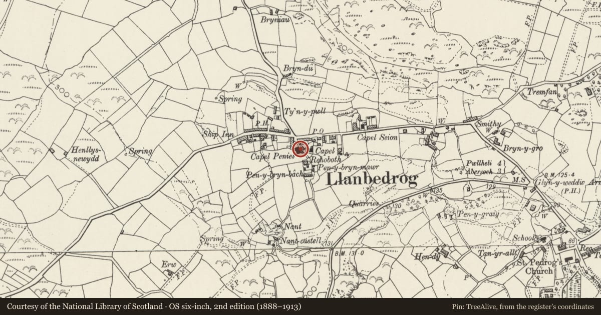 Ordnance Survey six-inch map, 2nd edition (1888–1913) covering the location of Capel Peniel, with adjoining manse and forecourt railings, Llanbedrog, Gwynedd, with a pin at the register's coordinates