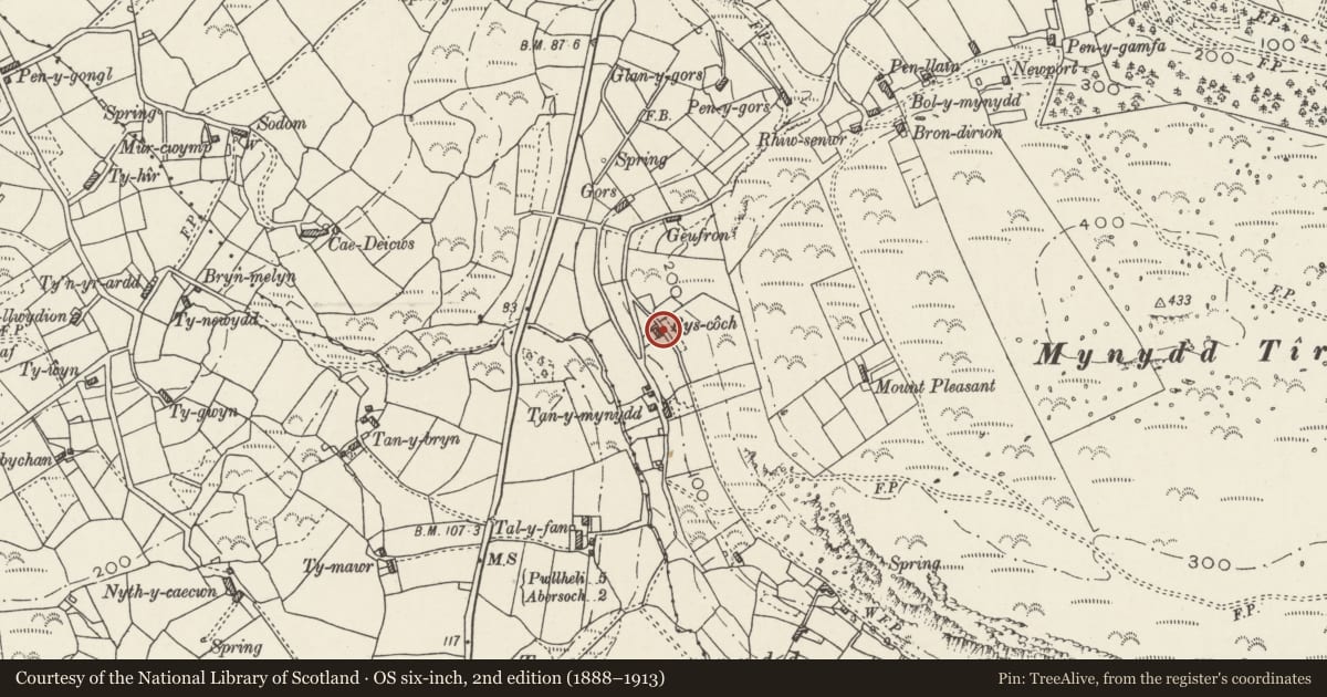 Ordnance Survey six-inch map, 2nd edition (1888–1913) covering the location of Bys-coch, Llanbedrog, Gwynedd, with a pin at the register's coordinates