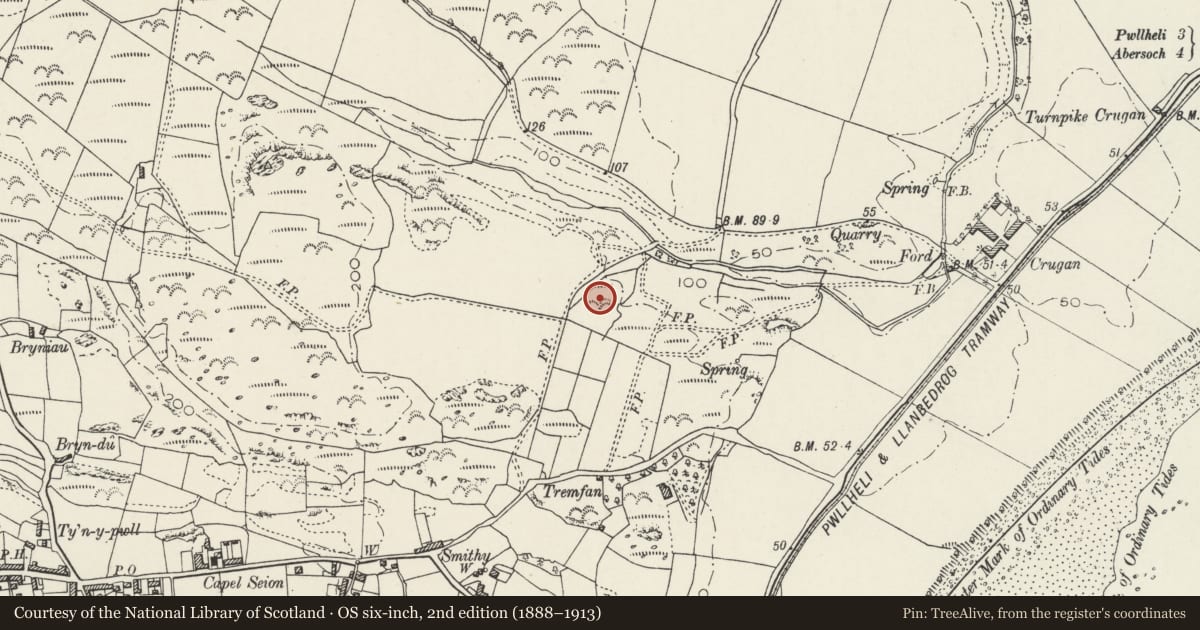 Ordnance Survey six-inch map, 2nd edition (1888–1913) covering the location of Penarwel, Llanbedrog, Gwynedd, with a pin at the register's coordinates