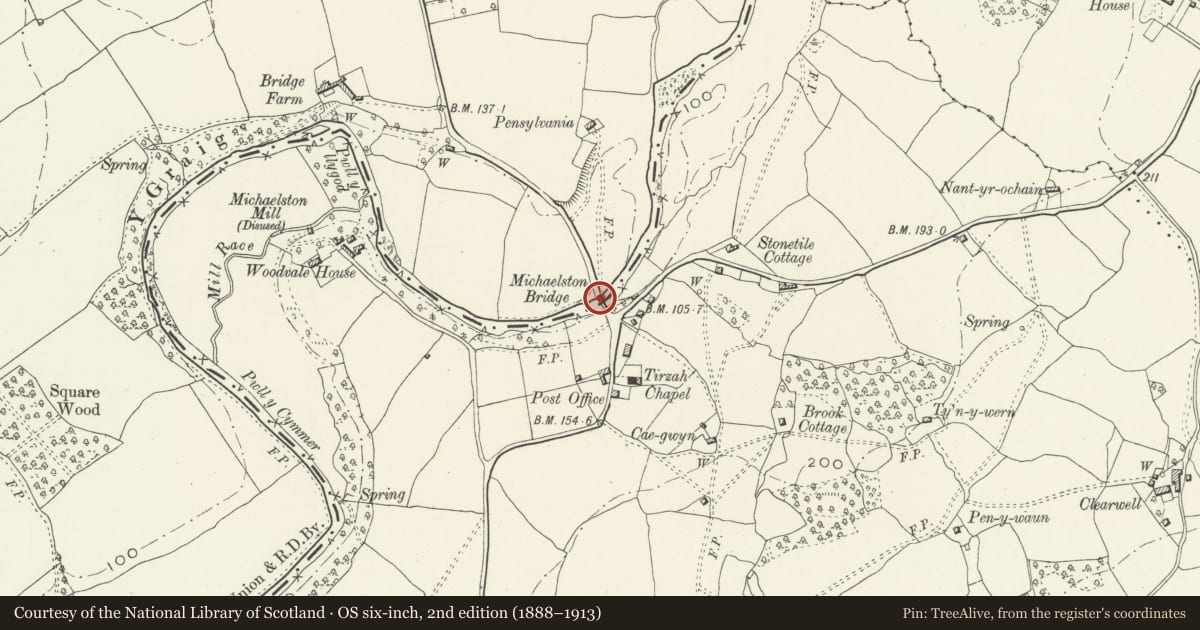Ordnance Survey six-inch map, 2nd edition (1888–1913) covering the location of Michaelston Bridge (partly in Michaelston-y-Fedw Community), Rudry, Caerphilly, with a pin at the register's coordinates