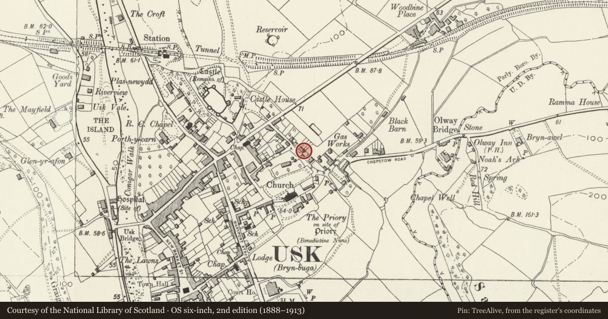 Ordnance Survey six-inch map, 2nd edition (1888–1913) covering the location of 31 Four Ash Street, Usk, Monmouthshire, with a pin at the register's coordinates