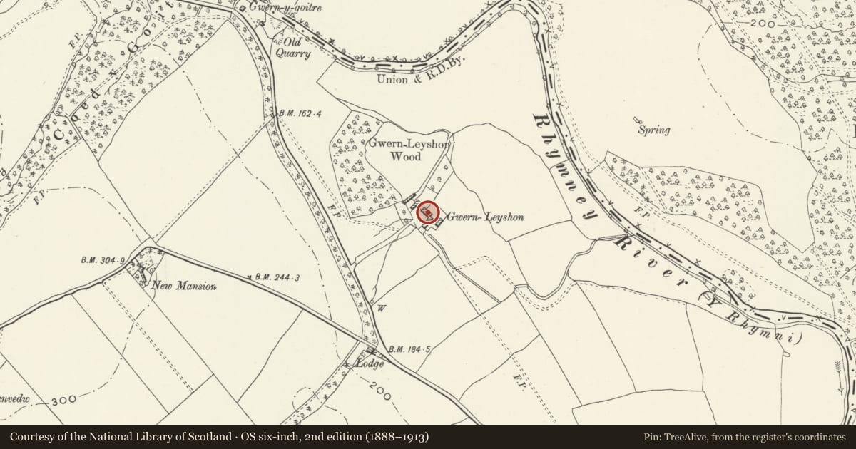 Ordnance Survey six-inch map, 2nd edition (1888–1913) covering the location of Barn at Gwern Leyshon Farm, Rudry, Caerphilly, with a pin at the register's coordinates