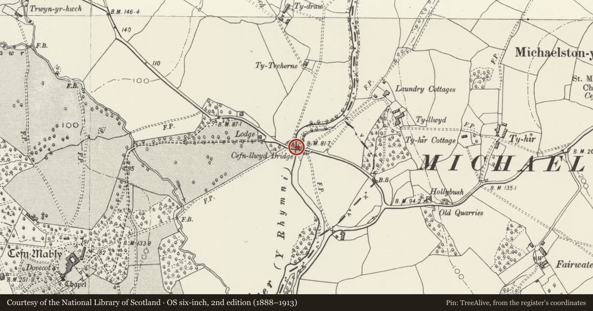 Ordnance Survey six-inch map, 2nd edition (1888–1913) covering the location of Cefn Mably Bridge (also known as Cefn Llwyd Bridge) (partly in Michaelston-y-Fedw Community), Rudry, Caerphilly, with a pin at the register's coordinates