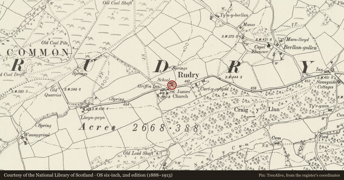 Ordnance Survey six-inch map, 2nd edition (1888–1913) covering the location of War Memorial in churchyard of St James, Rudry, Caerphilly, with a pin at the register's coordinates