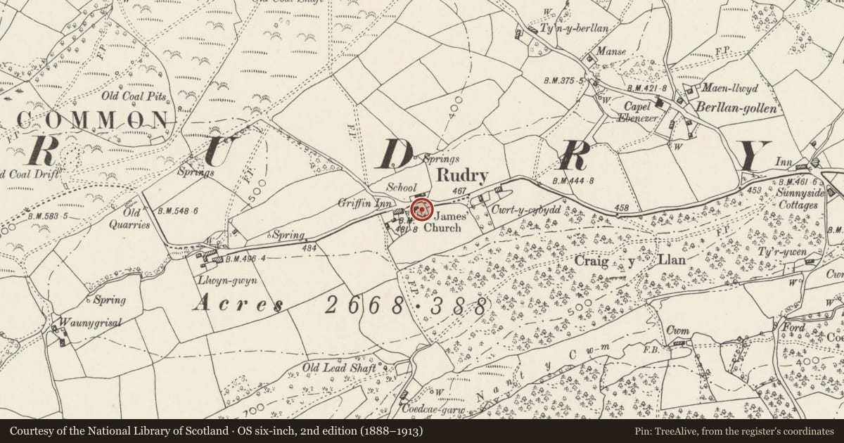 Ordnance Survey six-inch map, 2nd edition (1888–1913) covering the location of Group of three Moses family chest tombs in churchyard of St James, Rudry, Caerphilly, with a pin at the register's coordinates