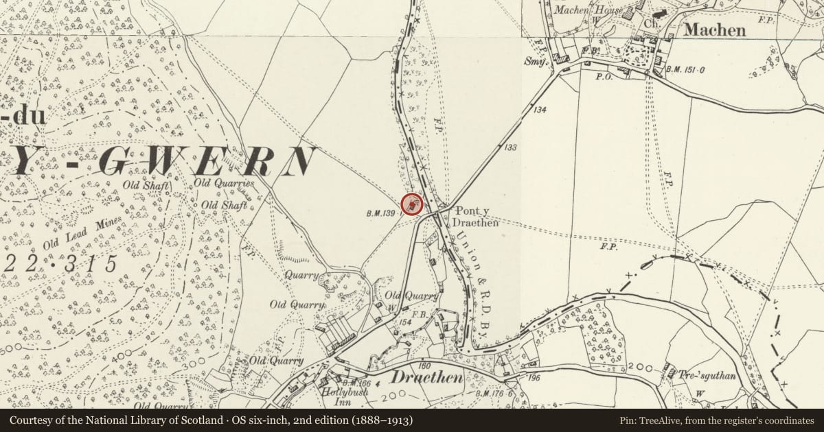 Ordnance Survey six-inch map, 2nd edition (1888–1913) covering the location of Bridge Cottage, Rudry, Caerphilly, with a pin at the register's coordinates