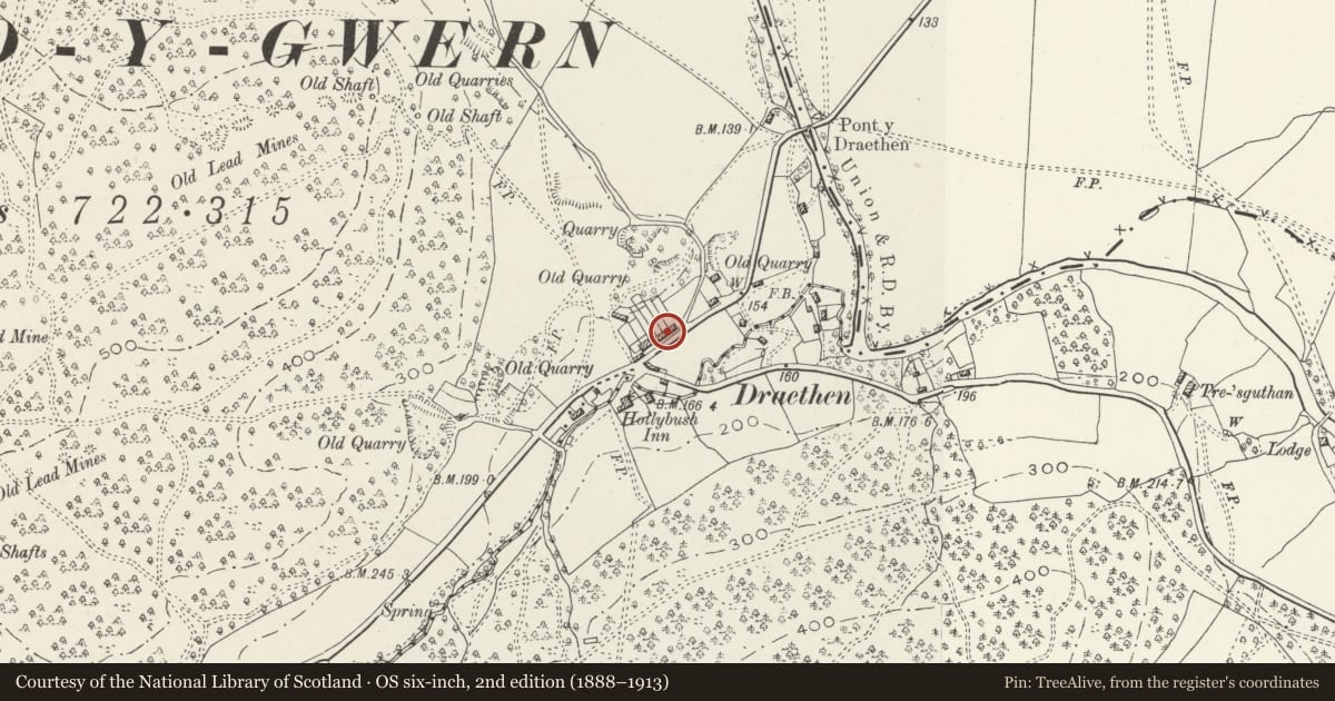 Ordnance Survey six-inch map, 2nd edition (1888–1913) covering the location of 2 The Row, Rudry, Caerphilly, with a pin at the register's coordinates