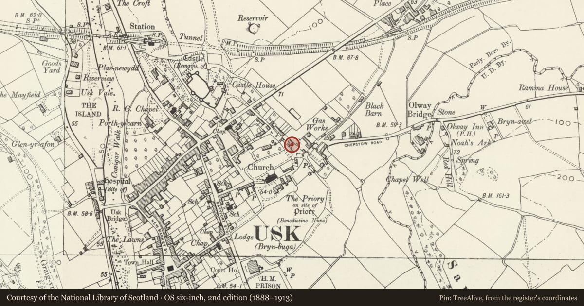 Ordnance Survey six-inch map, 2nd edition (1888–1913) covering the location of Nos.35 and 37 (part) Four Ash Street, Usk, Monmouthshire, with a pin at the register's coordinates