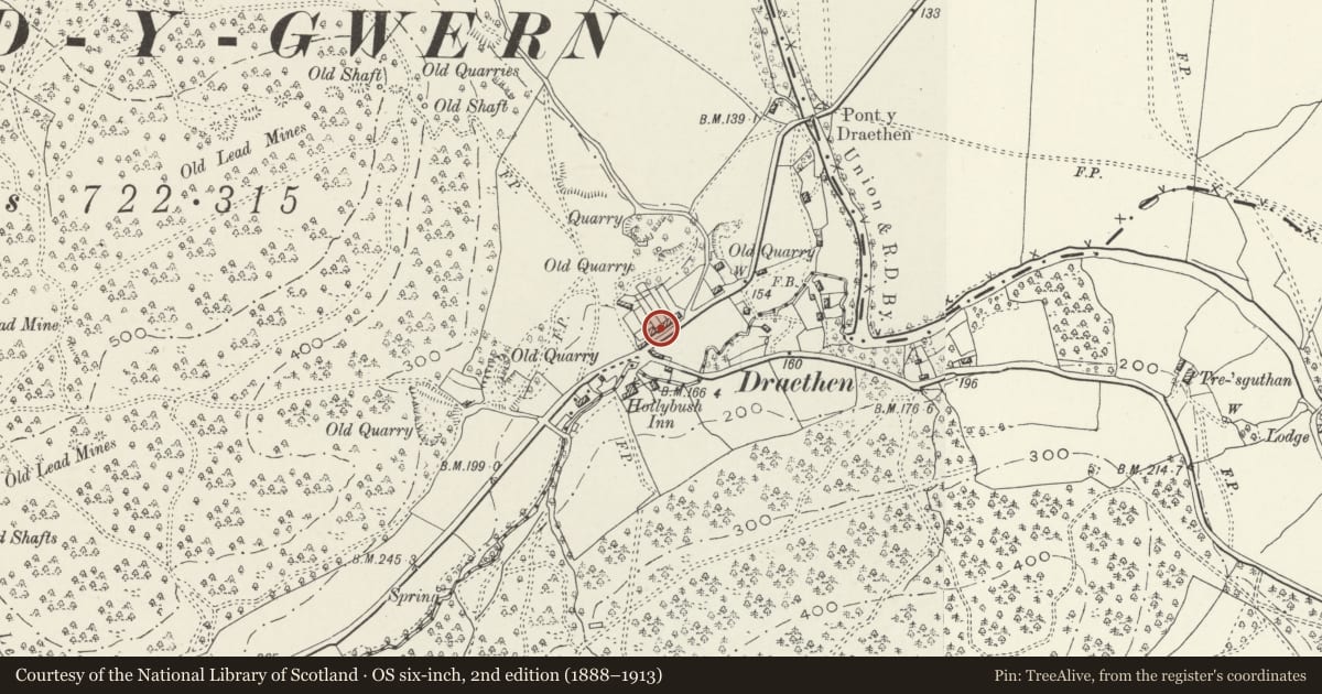 Ordnance Survey six-inch map, 2nd edition (1888–1913) covering the location of 4 The Row, Rudry, Caerphilly, with a pin at the register's coordinates