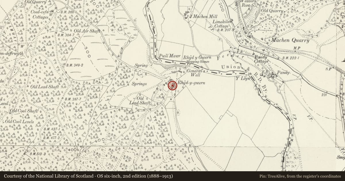 Ordnance Survey six-inch map, 2nd edition (1888–1913) covering the location of Rhydygwern Farm, Rudry, Caerphilly, with a pin at the register's coordinates