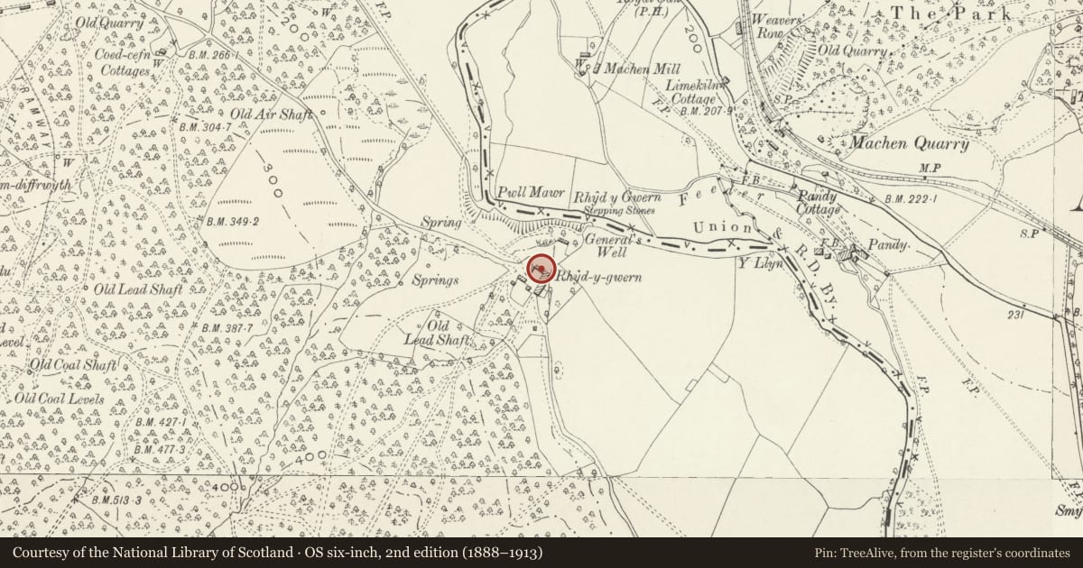 Ordnance Survey six-inch map, 2nd edition (1888–1913) covering the location of Barn at Rhydygwern Farm, Rudry, Caerphilly, with a pin at the register's coordinates