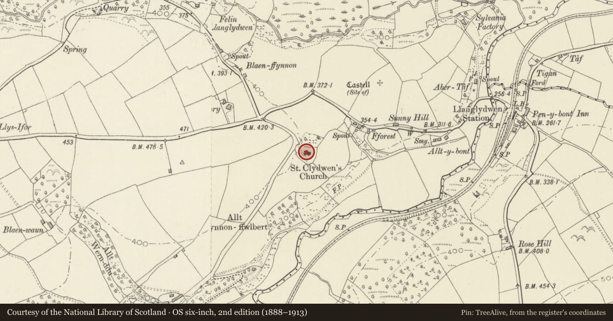 Ordnance Survey six-inch map, 2nd edition (1888–1913) covering the location of Church of St Cledwyn, Cilymaenllwyd, Carmarthenshire, with a pin at the register's coordinates