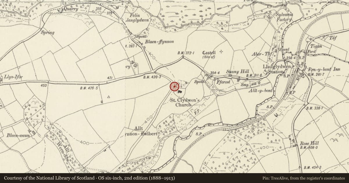 Ordnance Survey six-inch map, 2nd edition (1888–1913) covering the location of Lychgate at St Cledwyn's Church, Cilymaenllwyd, Carmarthenshire, with a pin at the register's coordinates