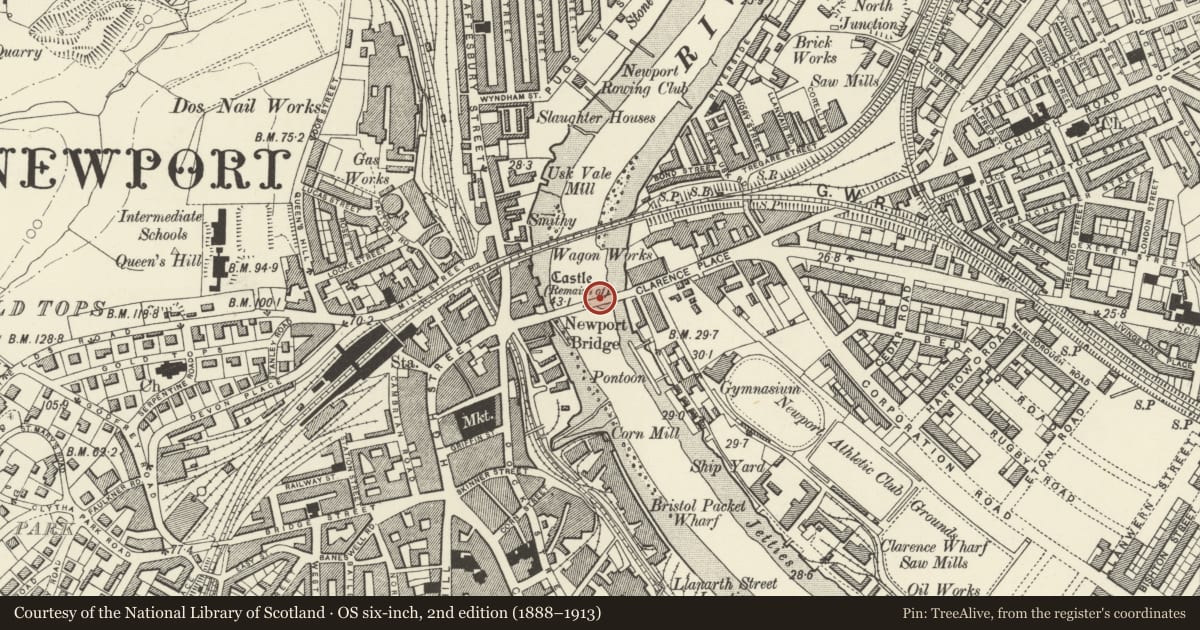 Ordnance Survey six-inch map, 2nd edition (1888–1913) covering the location of Newport Bridge (partly in Stow Hill community), St. Julians, Newport, with a pin at the register's coordinates