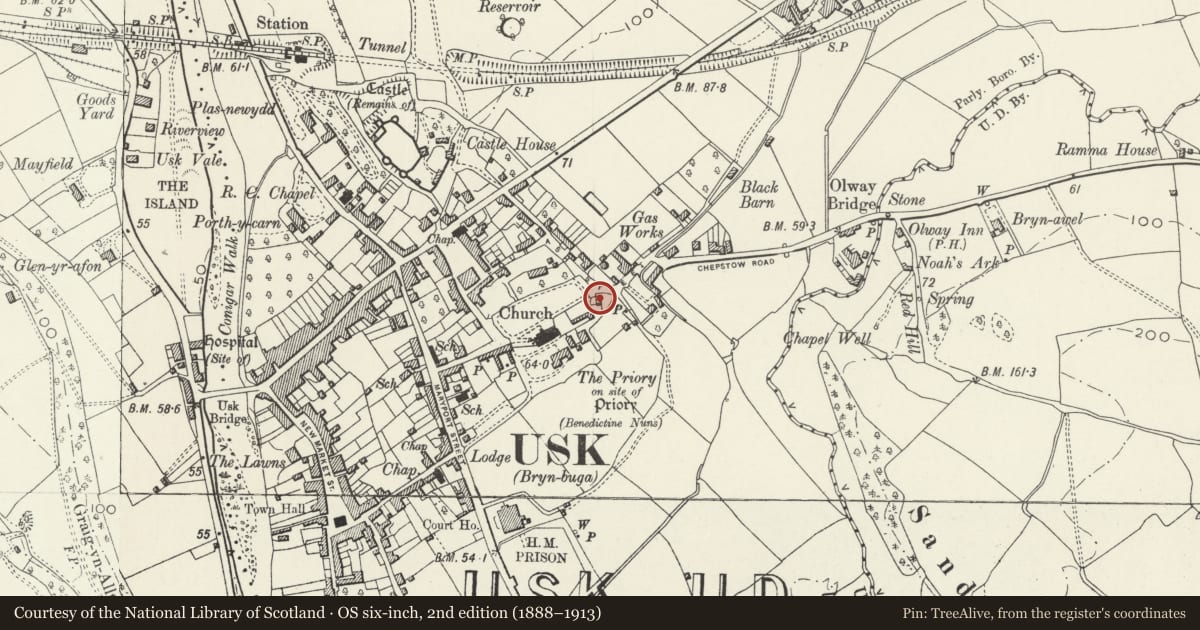 Ordnance Survey six-inch map, 2nd edition (1888–1913) covering the location of 2 Four Ash Street, and attached iron railings, Usk, Monmouthshire, with a pin at the register's coordinates