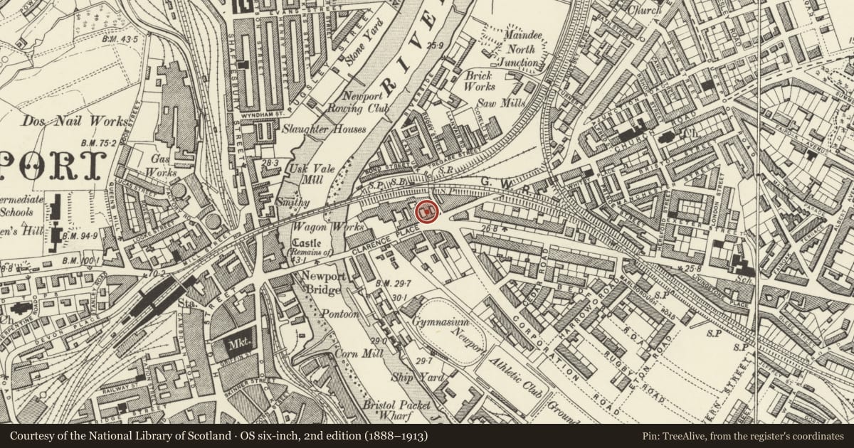 Ordnance Survey six-inch map, 2nd edition (1888–1913) covering the location of Former Odeon Cinema (Capones Night Club), St. Julians, Newport, with a pin at the register's coordinates