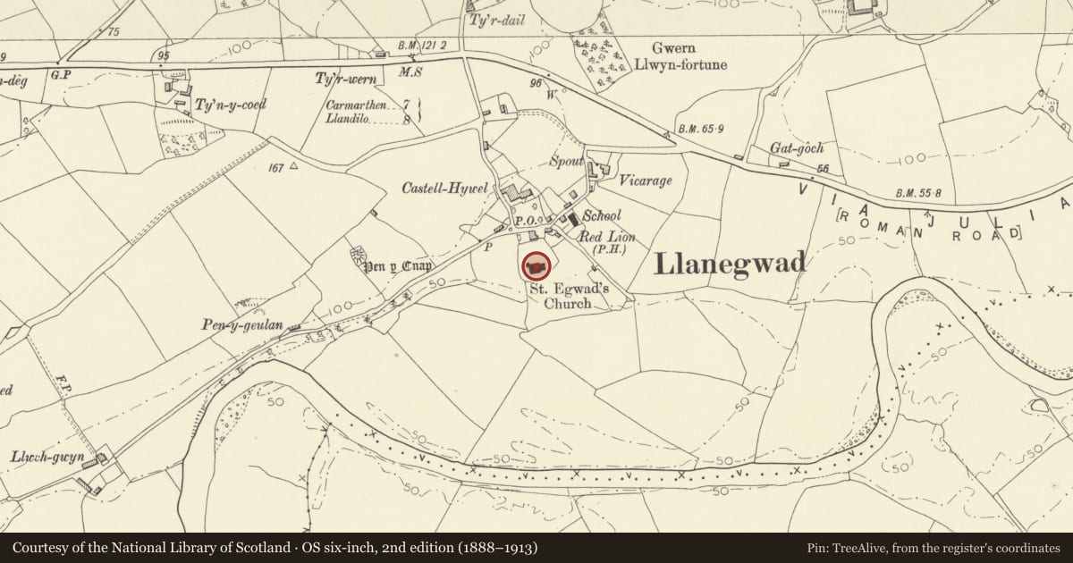 Ordnance Survey six-inch map, 2nd edition (1888–1913) covering the location of Church of St Egwad, Llanegwad, Carmarthenshire, with a pin at the register's coordinates