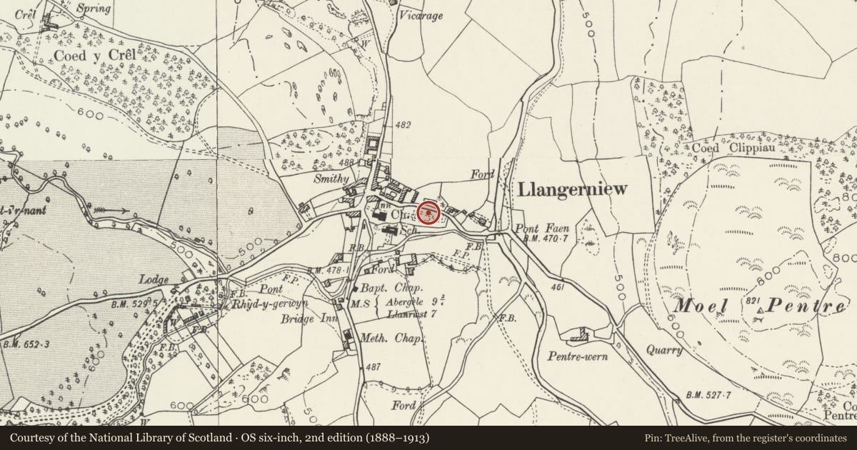 Ordnance Survey six-inch map, 2nd edition (1888–1913) covering the location of Sandbach Mausoleum in churchyard of Church of St Digain, Llangernyw, Conwy, with a pin at the register's coordinates