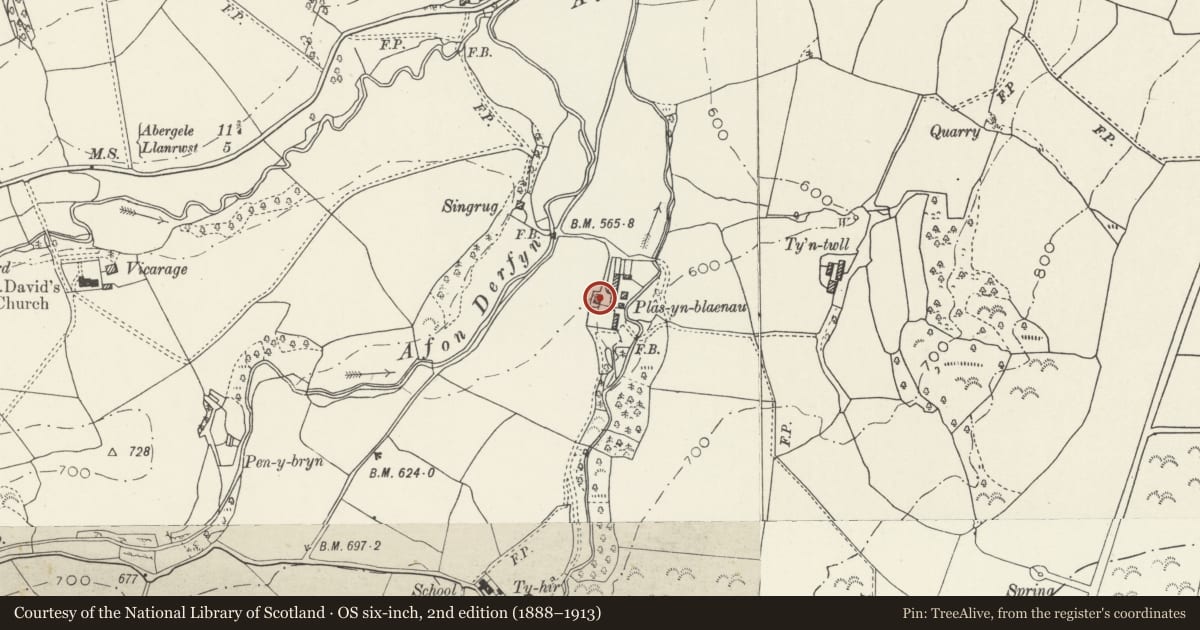 Ordnance Survey six-inch map, 2nd edition (1888–1913) covering the location of Plas yn Blaenau, Llangernyw, Conwy, with a pin at the register's coordinates