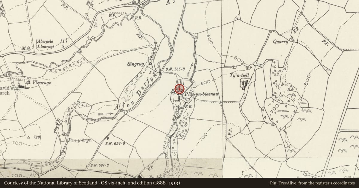 Ordnance Survey six-inch map, 2nd edition (1888–1913) covering the location of Cow Byre and Mill at Plas yn Blaenau, Llangernyw, Conwy, with a pin at the register's coordinates