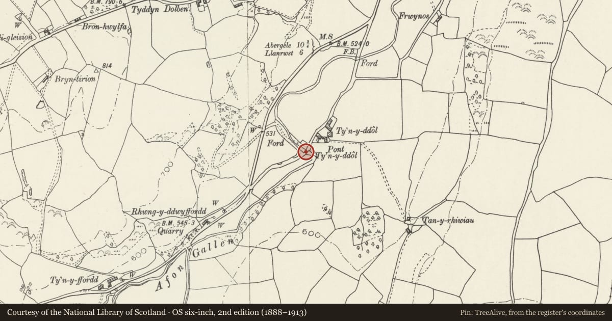 Ordnance Survey six-inch map, 2nd edition (1888–1913) covering the location of Pont Ty'n-y-ddol, Llangernyw, Conwy, with a pin at the register's coordinates