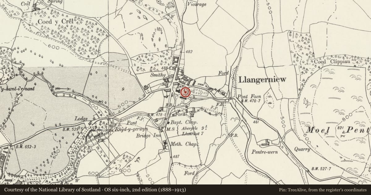 Ordnance Survey six-inch map, 2nd edition (1888–1913) covering the location of Group of 2 Monuments in churchyard to Church of St Digain, Llangernyw, Conwy, with a pin at the register's coordinates