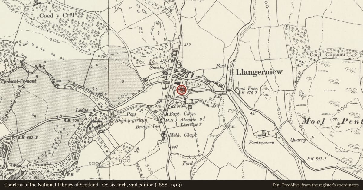 Ordnance Survey six-inch map, 2nd edition (1888–1913) covering the location of Youth Club, Llangernyw, Conwy, with a pin at the register's coordinates