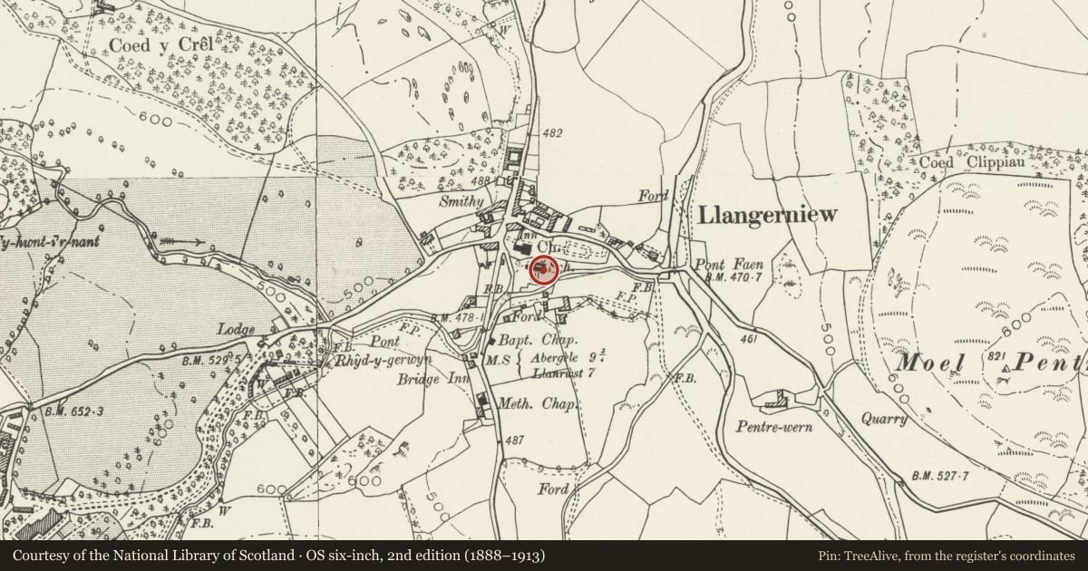 Ordnance Survey six-inch map, 2nd edition (1888–1913) covering the location of Ty'r Ysgol, Llangernyw, Conwy, with a pin at the register's coordinates