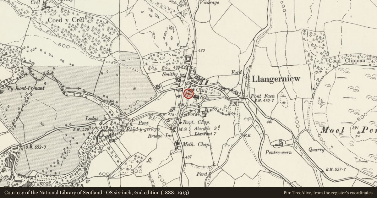 Ordnance Survey six-inch map, 2nd edition (1888–1913) covering the location of Raised Slab Monument to Harry Lloyd in churchyard of Church of St Digain, Llangernyw, Conwy, with a pin at the register's coordinates