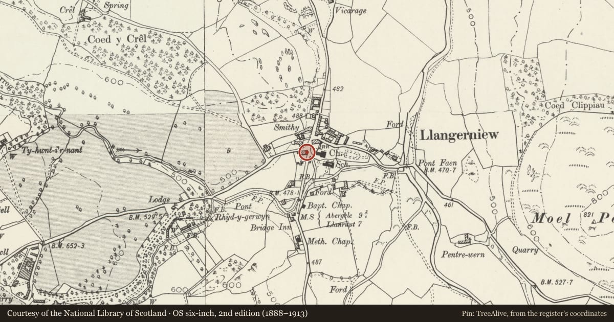 Ordnance Survey six-inch map, 2nd edition (1888–1913) covering the location of Siop Ucha, Llangernyw, Conwy, with a pin at the register's coordinates