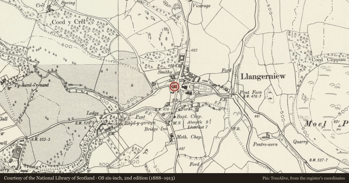 Ordnance Survey six-inch map, 2nd edition (1888–1913) covering the location of Ivy Cottage, Llangernyw, Conwy, with a pin at the register's coordinates