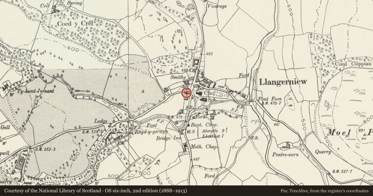 Ordnance Survey six-inch map, 2nd edition (1888–1913) covering the location of Pen Uchar Llan, Llangernyw, Conwy, with a pin at the register's coordinates