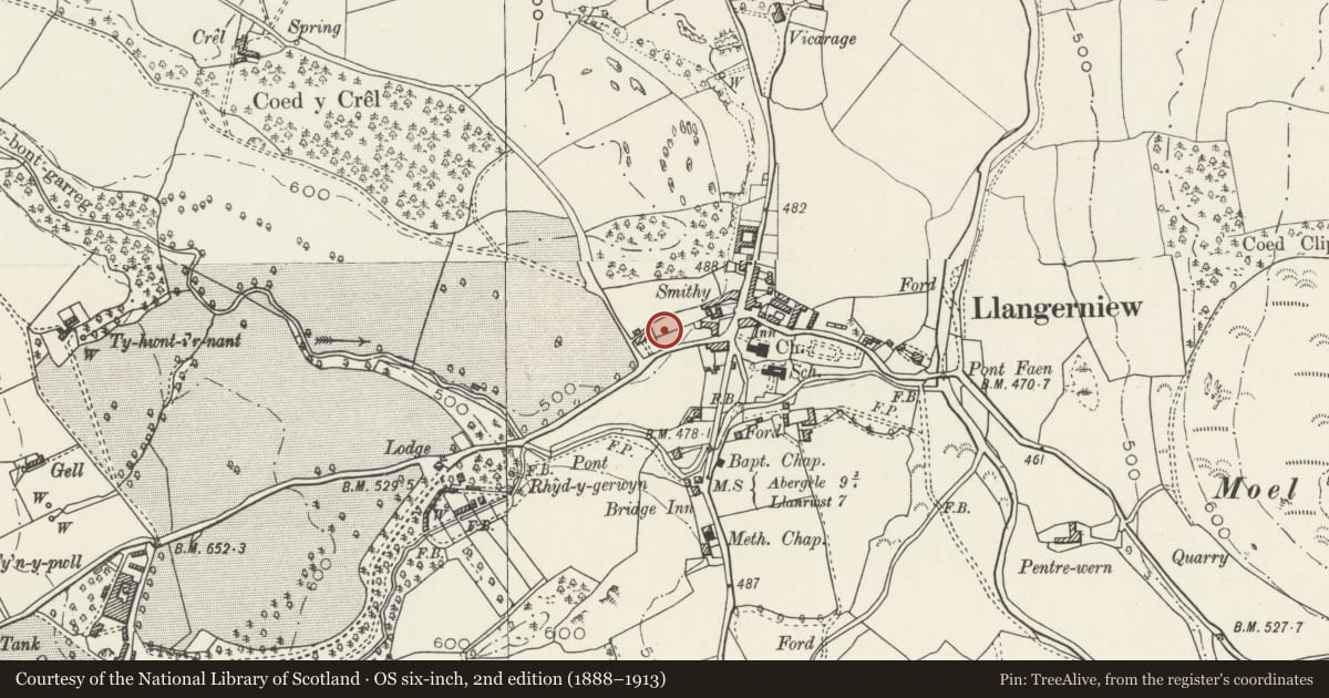 Ordnance Survey six-inch map, 2nd edition (1888–1913) covering the location of Bryn Coroniad, Llangernyw, Conwy, with a pin at the register's coordinates