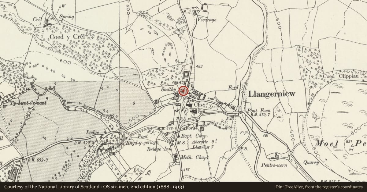 Ordnance Survey six-inch map, 2nd edition (1888–1913) covering the location of Llys Alaw, Llangernyw, Conwy, with a pin at the register's coordinates
